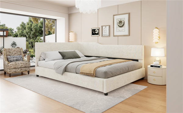 English Elm Full Size L-shaped Corduroy Upholstered Daybed Sofa for Living Room or Studio Beige N737P380207A