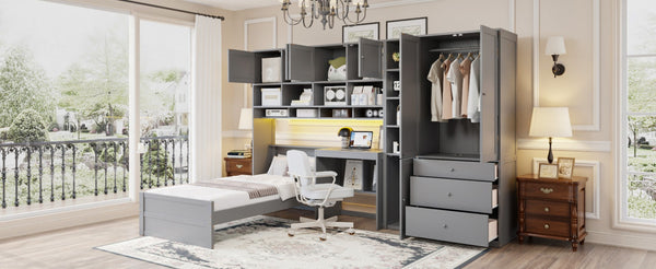 English Elm Wooden Twin Loft Bed with Built-in Desk Wardrobe Storage Drawers and Led Lighting N820S00069E