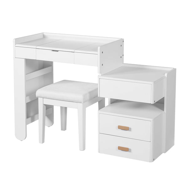 English Elm 3-in-1 Makeup Vanity Desk with Flip Mirror, LED 3-Color Lighting, Expandable Length & Ample Storage Drawers White N844P285298A