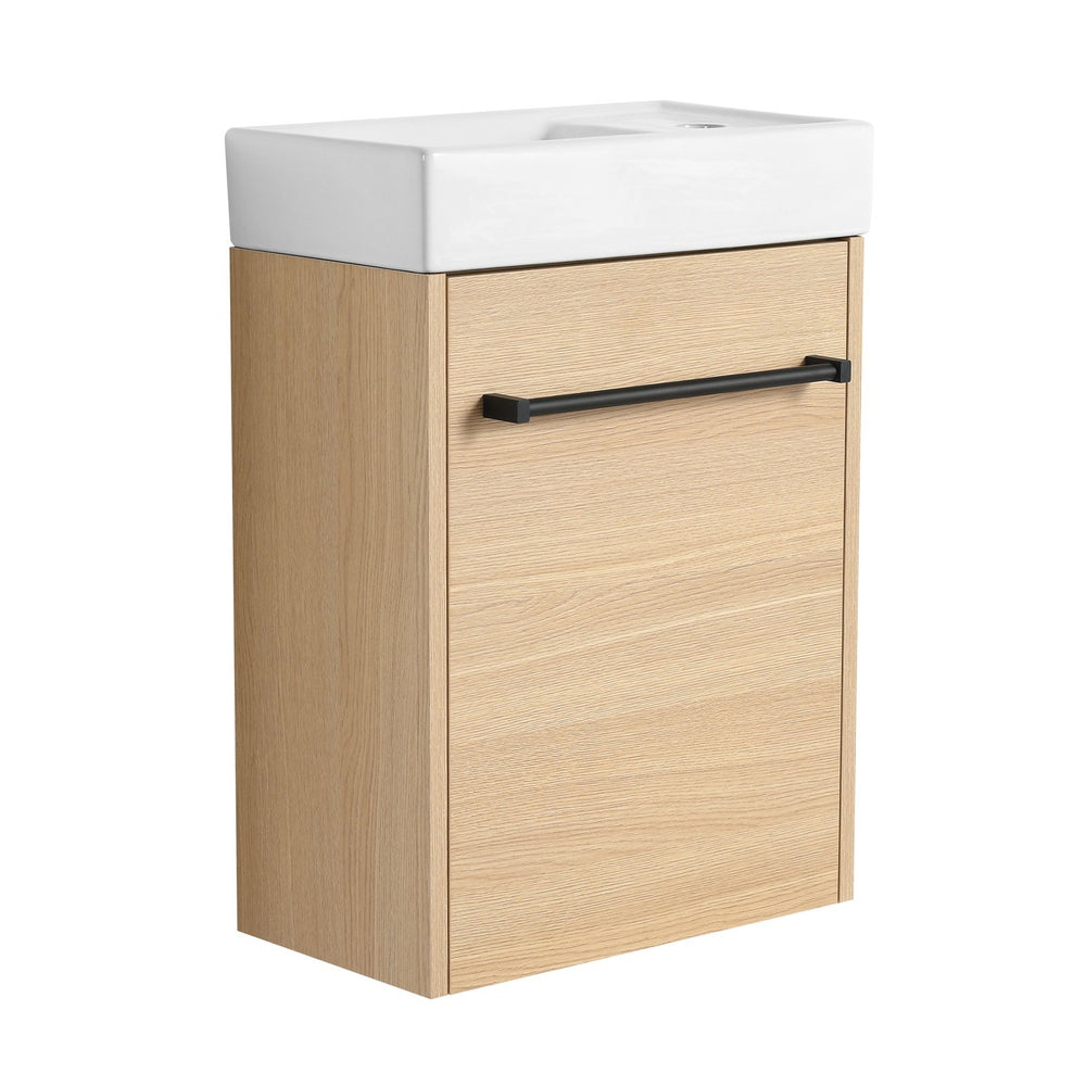 English Elm 16'' Floating Wall-Mounted Bathroom Vanity with Ceramic Basin, Soft-Close Door, Water-Resist Finish Light Oak W999P236336