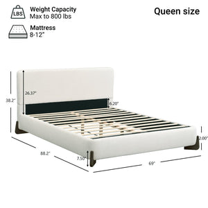 English Elm Elegant Boucle Queen Bed Solid Wood Legs Upholstered Headboard Modern Neutral Bedroom N769Q333728B
