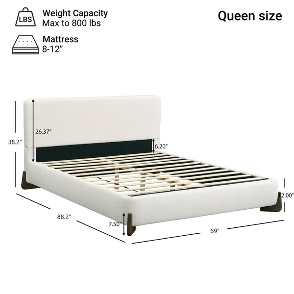 English Elm Elegant Boucle Queen Bed Solid Wood Legs Upholstered Headboard Modern Neutral Bedroom N769Q333728B
