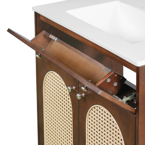 English Elm 30" Rattan Front Bathroom Vanity Solid Pine Cabinet with Ceramic Sink and Adjustable Shelf Walnut N710P293988P