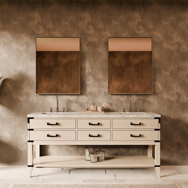 English Elm White Oak Double Bath Vanity With Carrara Marble Top & Chrome Gooseneck Faucet - Elegant Storage Solution B2731P260320-GIGA