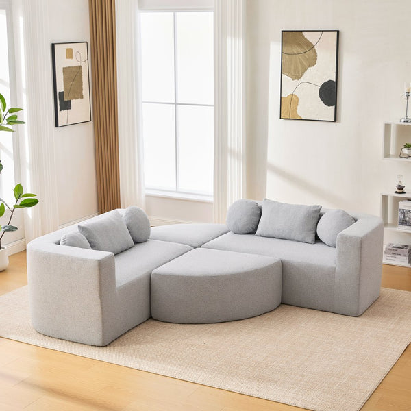 English Elm Boneless Modular Sectional Sofa with Curved Ends, Deep Bouclé Seating, Convertible Sofa Bed & Pillows for Living Room Grey N719S002120E