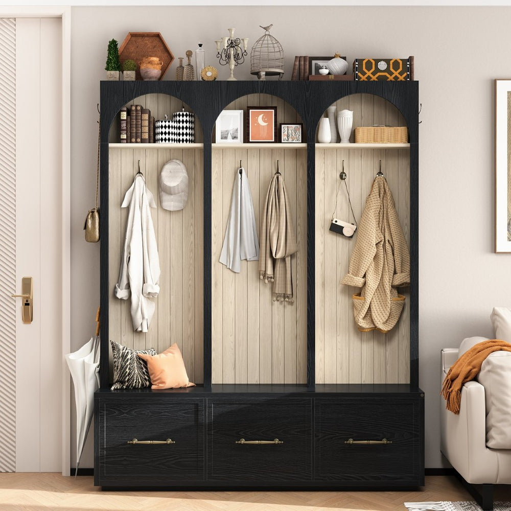English Elm Farmhouse Hall Tree with Arched Panels Bench Drawers and Hooks for Mudroom Entryway Black W5271S00005