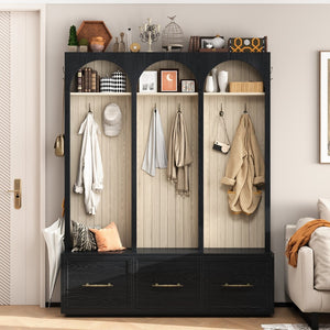 English Elm Farmhouse Hall Tree with Arched Panels Bench Drawers and Hooks for Mudroom Entryway Black W5271S00005