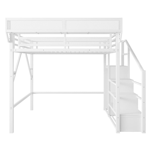 English Elm Full Size Metal Loft Bed with Stair Wardrobe and Shelves for Kids Teen Rooms W2580S00056