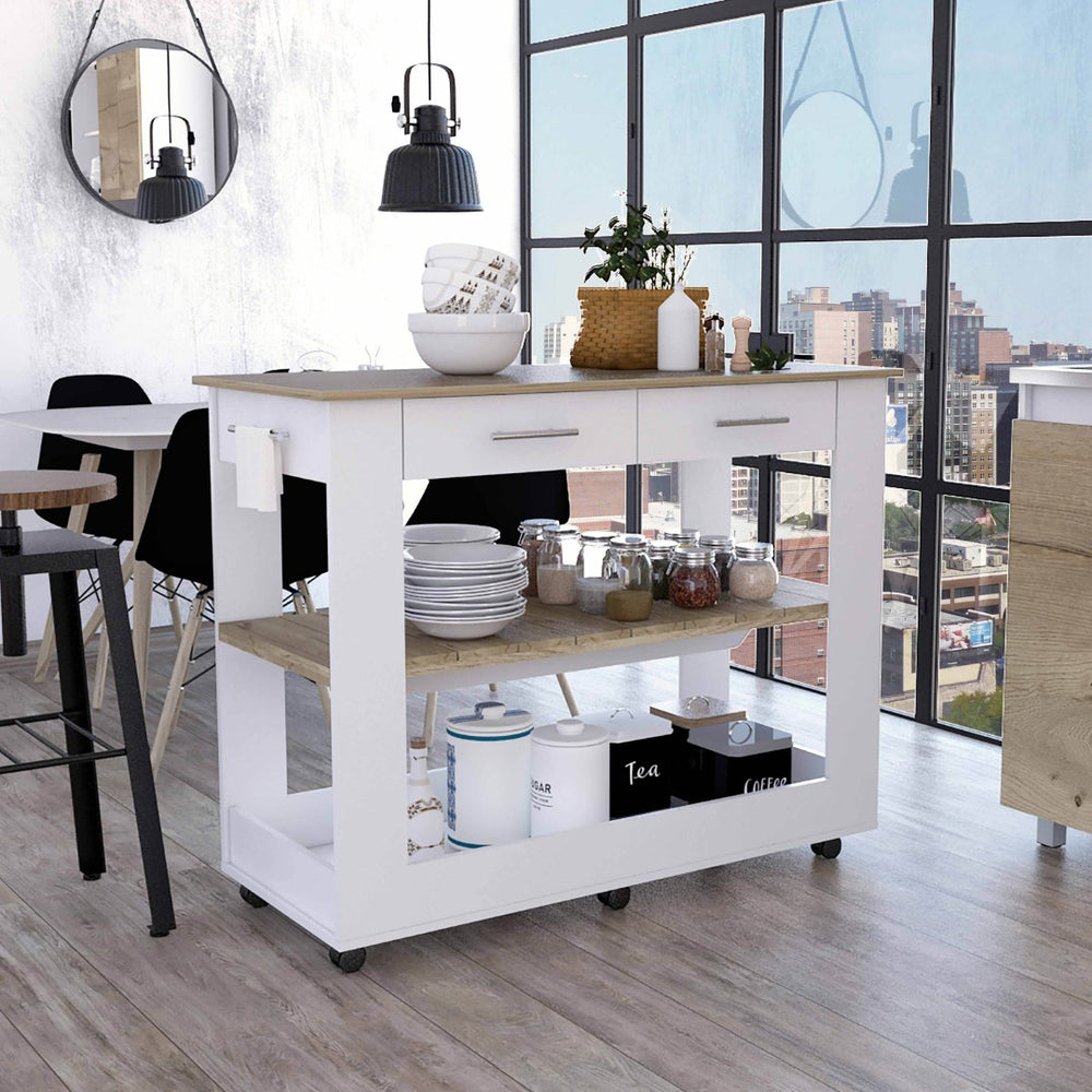 English Elm Brooklyn Rolling Kitchen Island with Two Drawers Open Shelves Rustic Farmhouse Style B128P148886