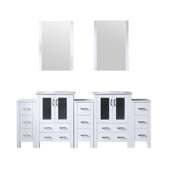 English Elm White Double Bath Vanity 84 in. W x 18.25 in. D with Side Cabinets, Soft-Close Drawers, Ceramic Top, Mirrors Included B2731S00601
