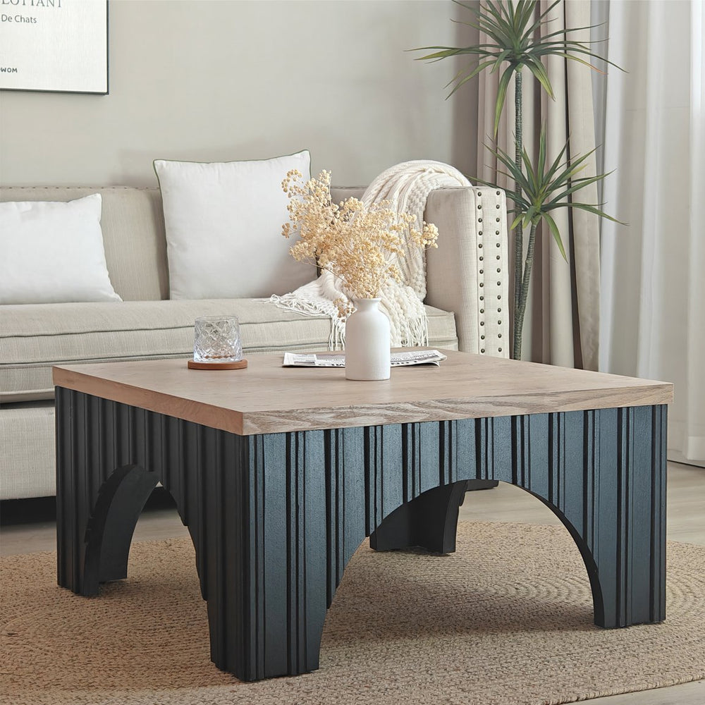 English Elm Rustic Square Coffee Table with Natural Wood Grain Top & Bold Black Base, Arched Cutouts, Sturdy Elegance W2729P199000