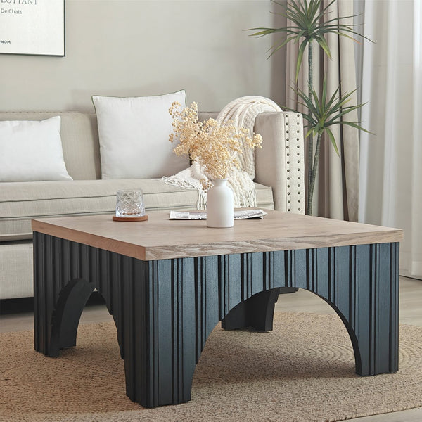 English Elm Rustic Square Coffee Table with Natural Wood Grain Top & Bold Black Base, Arched Cutouts, Sturdy Elegance W2729P199000