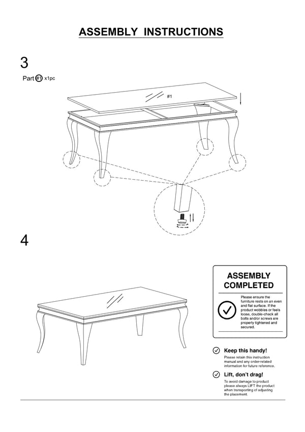 English Elm Glam Stainless Steel Coffee Table with Beveled Tempered Glass Top and Elegant Cabriole-Style Legs Silver,White 55 L x 30 W x 4 H B011S01176