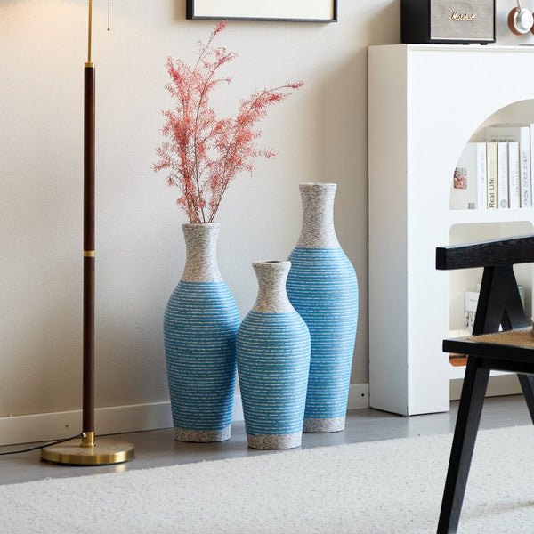 English Elm Desktop PVC Vase Set of 3 Decorative Tall Floor and Table Vases—Modern Durable Artful Accents for Home White+Blue W2796P261477