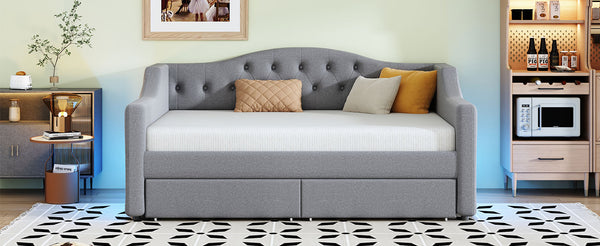 English Elm Upholstered Twin XL Daybed with LED Belt and Two Underbed Drawers, Linen Backrest, Modern Storage Elegance Gray DL002060AAE