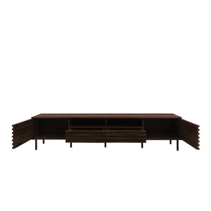 English Elm 78 Inch Walnut Media Console with Slatted Doors Iron Legs and Cable Management N710P373591Q