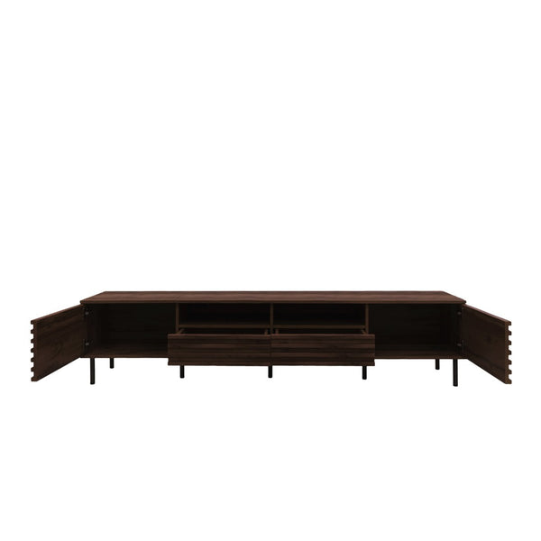 English Elm 78 Inch Walnut Media Console with Slatted Doors Iron Legs and Cable Management N710P373591Q