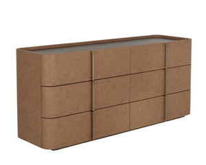 Sunpan JAMILLE Dresser - Contemporary Cream Faux Leather & Oak Veneer Storage with Six Spacious Drawers 112261