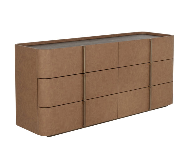 Sunpan JAMILLE Dresser - Contemporary Cream Faux Leather & Oak Veneer Storage with Six Spacious Drawers 112261