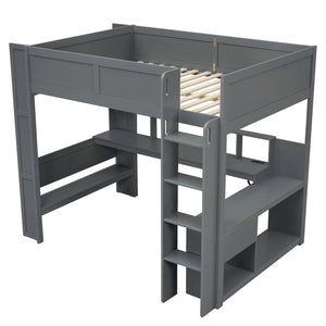 English Elm Wood Full Size Loft Bed with Built-in Desk Led Lighting and Charging Station SM000374AAE-1