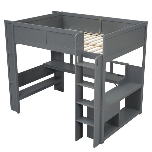 English Elm Wood Full Size Loft Bed with Built-in Desk Led Lighting and Charging Station SM000374AAE-1