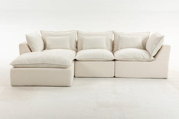 English Elm 102.3" Oversized Modular Sectional Sofa Cotton Linen Deep Seat Lounge with Ottoman Antique White W2530S00014