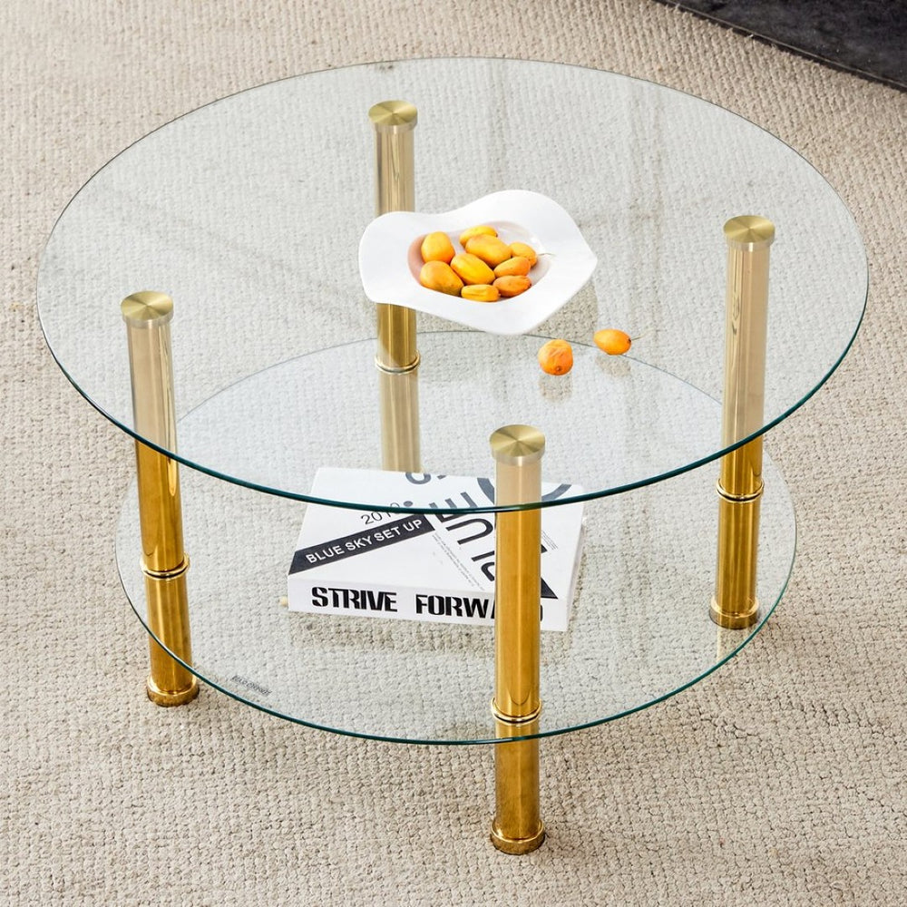 English Elm Contemporary Round Tempered Glass Coffee Table Gold Legs Open Shelf Living Room W1151P234005