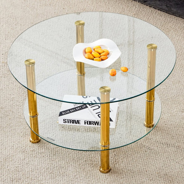 English Elm Contemporary Round Tempered Glass Coffee Table Gold Legs Open Shelf Living Room W1151P234005
