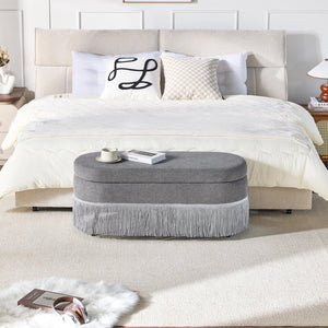 English Elm Oval Fringe Trim Upholstered Lift Top Storage Ottoman Stylish Footrest for Any Room Grey W5501P462408
