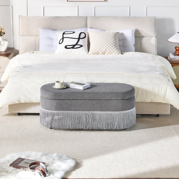 English Elm Oval Fringe Trim Upholstered Lift Top Storage Ottoman Stylish Footrest for Any Room Grey W5501P462408