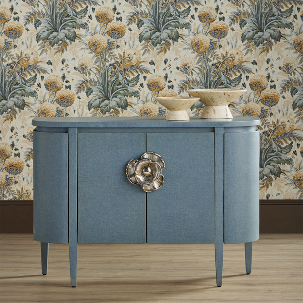 Briallen Blue Demi-Lune Cabinet - Elegant Lacquered Storage with Polished Nickel Floral Details