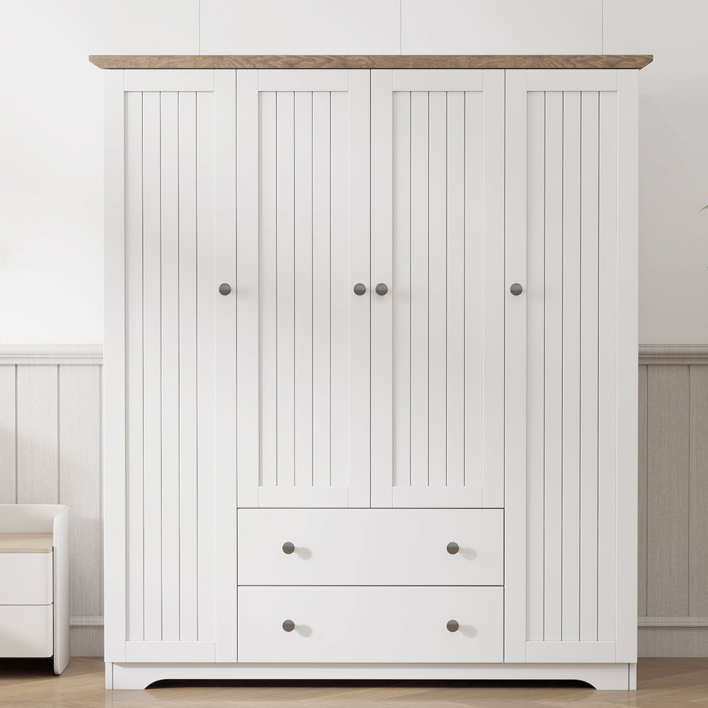 English Elm 4 Door Wardrobe Armoire Closet with 2 Drawers Rustic Pine & MDF Storage Cabinet with Shelves and Hanging Space White N7090001842K
