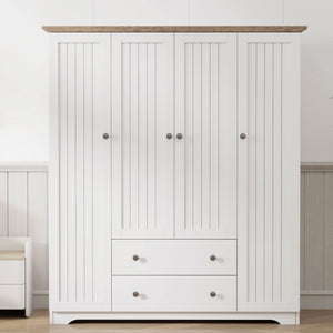 English Elm 4 Door Wardrobe Armoire Closet with 2 Drawers Rustic Pine & MDF Storage Cabinet with Shelves and Hanging Space White N7090001842K