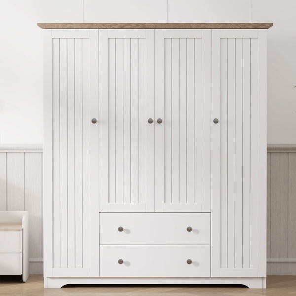 English Elm 4 Door Wardrobe Armoire Closet with 2 Drawers Rustic Pine & MDF Storage Cabinet with Shelves and Hanging Space White N7090001842K