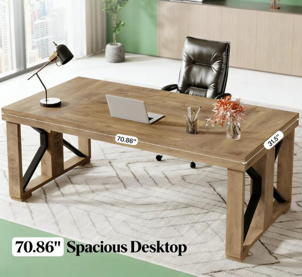 English Elm Home Executive Desk with Warm Brown Wood Grain Finish for Modern Spacious Workspaces T3971P463823