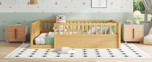 English Elm Full Montessori Floor Bed Frame with Fence for Kids — Pine Play & Reading Space, Sturdy Low Profile Natural W1580P307884