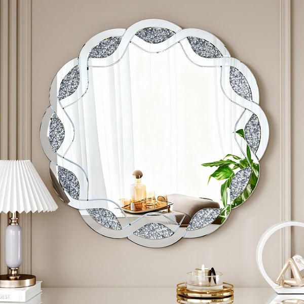 English Elm Silver Wave Frame Round Wall Mirror with Diamond Beveled Facets for Glam Home Decor W1445P370440