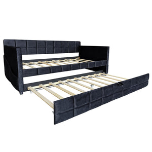 English Elm Modern Velvet Twin Daybed with Pull Out Trundle and Built in Armrest Storage Pockets Black SF000200AAB