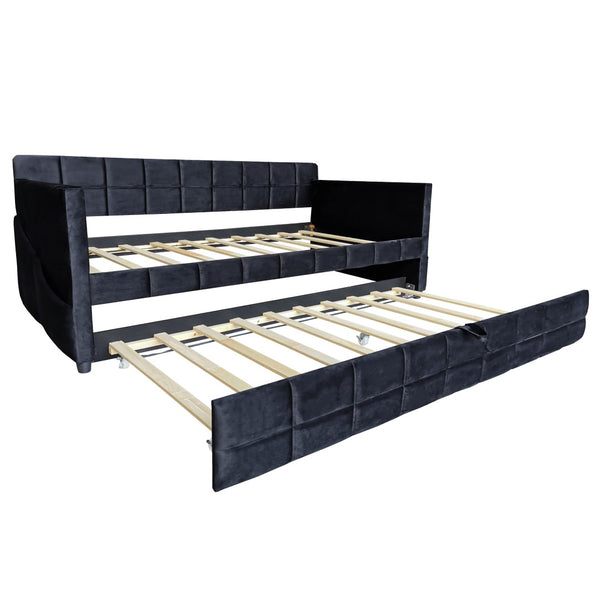 English Elm Modern Velvet Twin Daybed with Pull Out Trundle and Built in Armrest Storage Pockets Black SF000200AAB