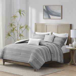 JLA Home Madison Park - 5 Striped Clipped Jacquard Comforter Set with Tailored Edges, Soft Gray Texture and Decorative Pillows 90 L x 90 W x 1.5H MP10-8160