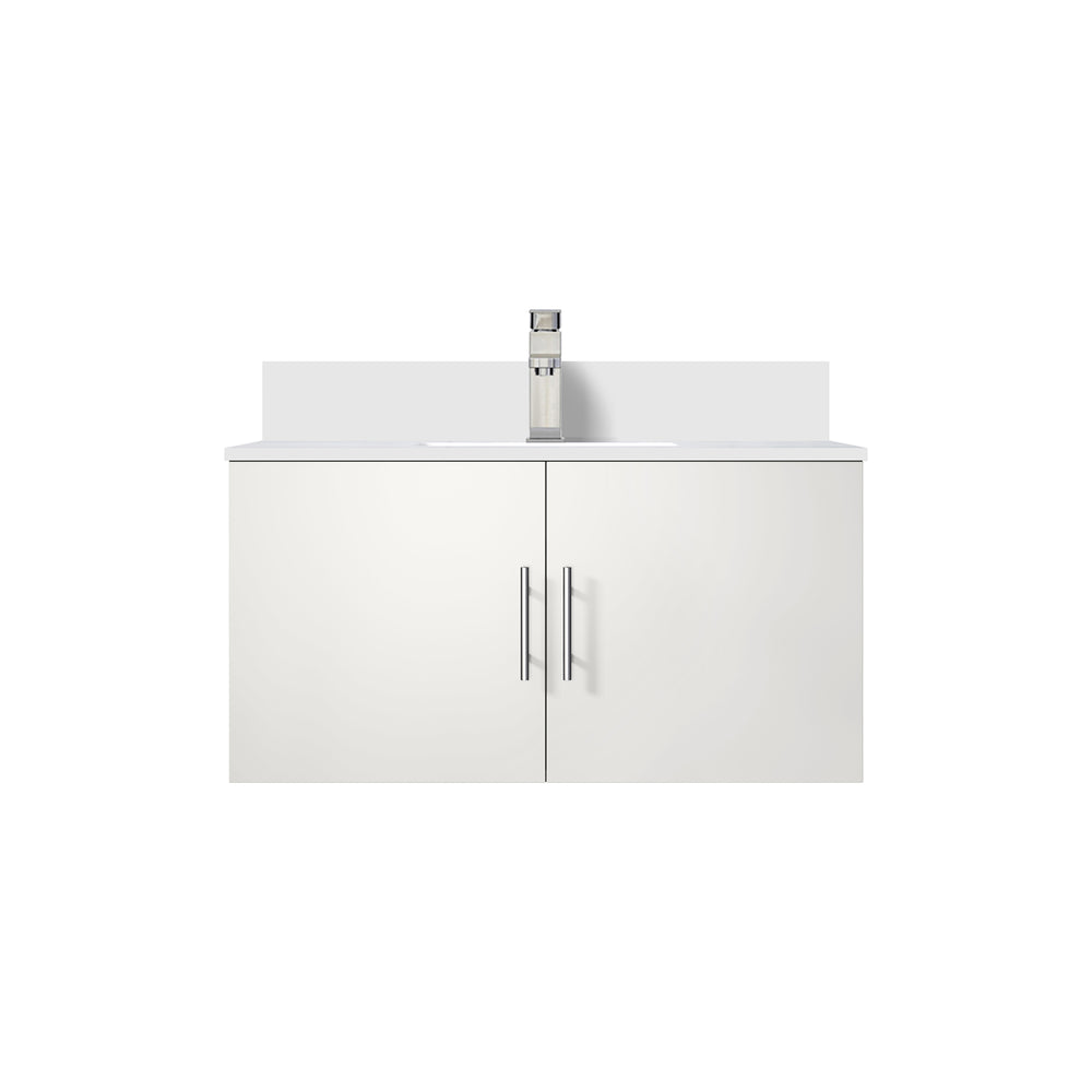 English Elm Glossy 36 in White Bath Vanity with Quartz Top, Soft-Close Storage & Chrome Monte Faucet Set B2731P258633