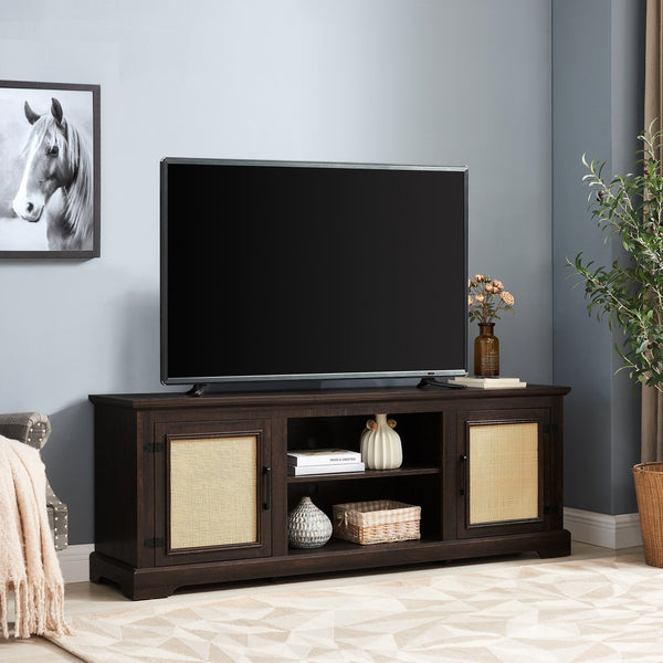 English Elm Farmhouse Rattan TV Stand Console Table with Ample Storage, Cable Management & Adjustable Shelves for 70" TVs Espresso W1758P178931