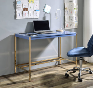 English Elm Navy Modern High Gloss Writing Desk with Gold Accents, Open Metal Base & Built-In USB Ports for Stylish Productivity B062P184573