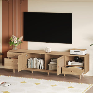 English Elm Boho Natural Rattan TV Stand for Up to 85" TVs, 3 Drawers + Cabinets & Open Shelves, Modern Wood console with organic texture and sturdy 110 lb capacity N710P339452P