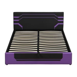English Elm Modern Cyberpunk Queen Platform Bed Hydraulic Storage Pu Upholstered Gaming Frame Purple+Black SF000205AAI