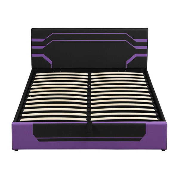 English Elm Modern Cyberpunk Queen Platform Bed Hydraulic Storage Pu Upholstered Gaming Frame Purple+Black SF000205AAI