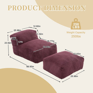 English Elm Big Corduroy Lounger Bean Bag with Ottoman Memory Foam Fill for Living Room Wine Red W395P435354