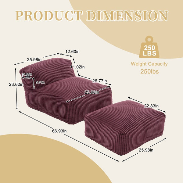 English Elm Big Corduroy Lounger Bean Bag with Ottoman Memory Foam Fill for Living Room Wine Red W395P435354