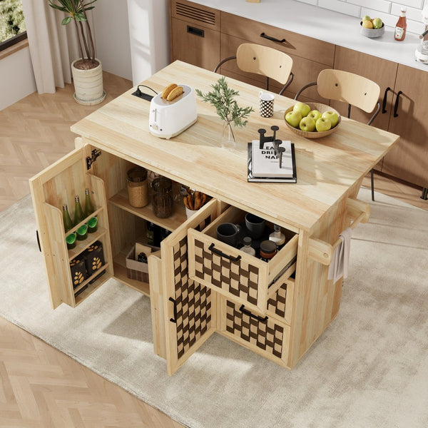 English Elm K&K Vintage Woven Checkerboard Kitchen Island 53.2" with Drop Leaf, Power Outlet, 5 Wheels, Storage N707P215328Y