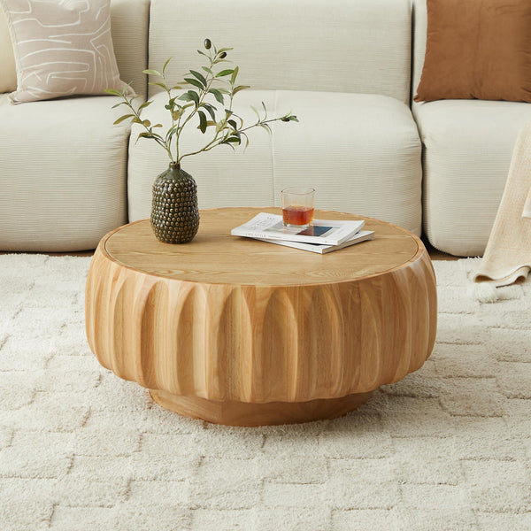 English Elm Round Birch Carved Coffee Table with 3D Relief Frame, Mountain-Grain Veneer Top, Sculptural Elegance Natural Wood W3137P270437